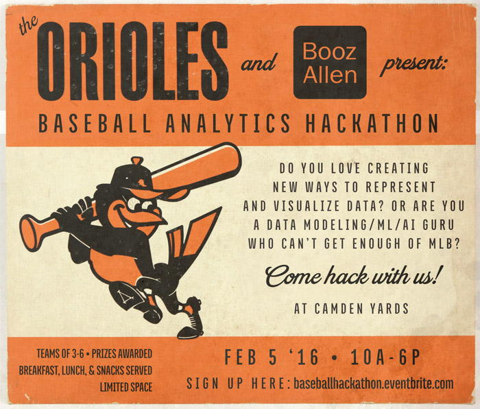 Flyer advertising the 2016 Orioles baseball hackathon